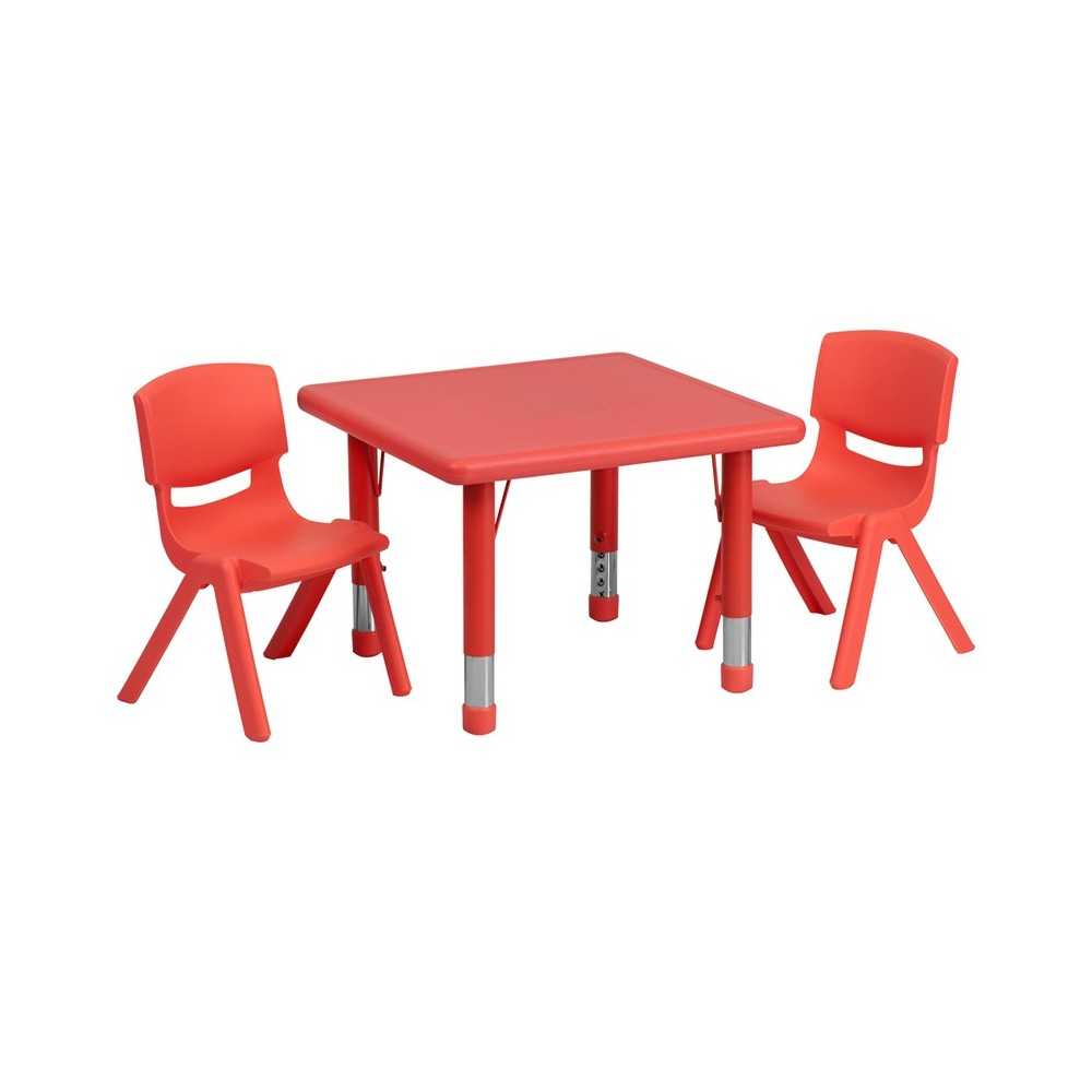 24'' Square Red Plastic Height Adjustable Activity Table Set with 2 Chairs