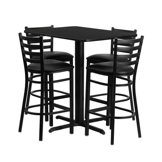 24''W x 42''L Rectangular Black Laminate Table Set with 4 Ladder Back Metal Barstools - Black Vinyl Seat