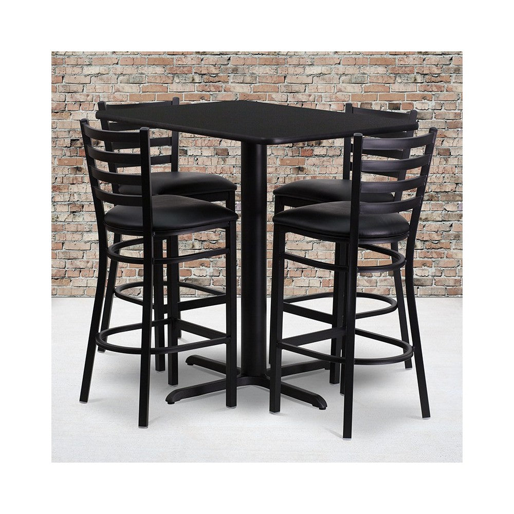 24''W x 42''L Rectangular Black Laminate Table Set with 4 Ladder Back Metal Barstools - Black Vinyl Seat