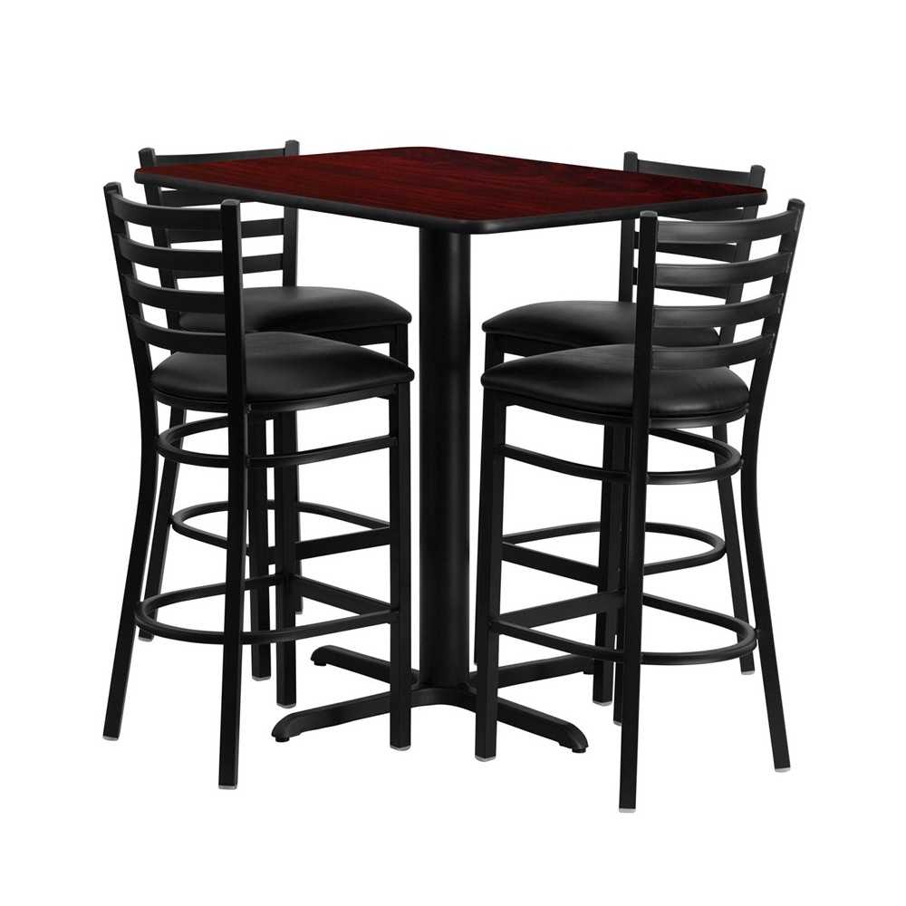 24''W x 42''L Rectangular Mahogany Laminate Table Set with 4 Ladder Back Metal Barstools - Black Vinyl Seat