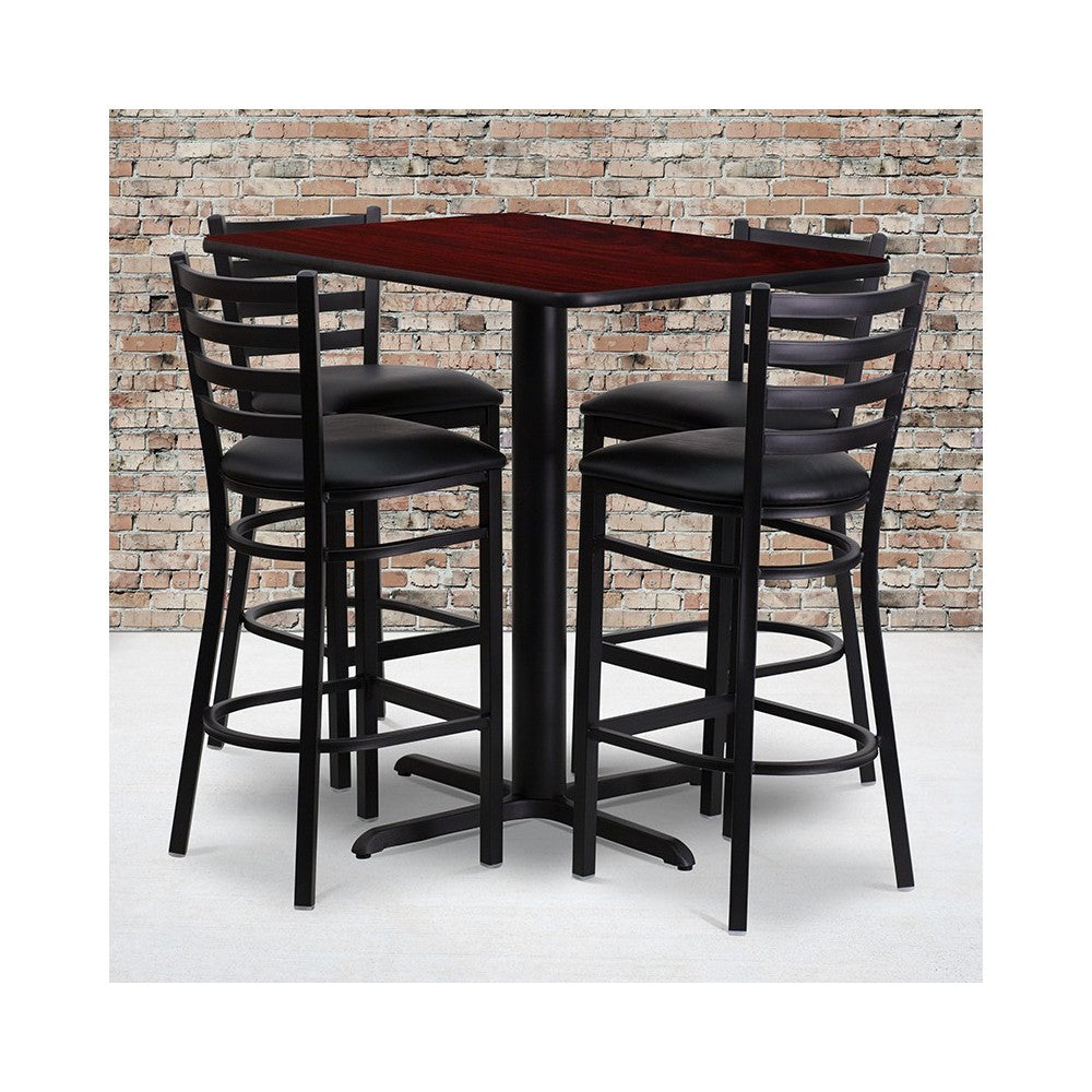 24''W x 42''L Rectangular Mahogany Laminate Table Set with 4 Ladder Back Metal Barstools - Black Vinyl Seat