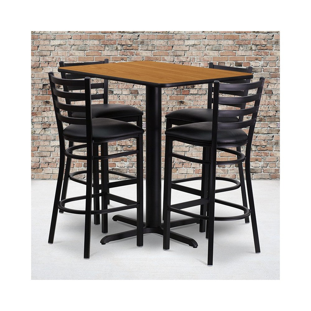 24''W x 42''L Rectangular Natural Laminate Table Set with 4 Ladder Back Metal Barstools - Black Vinyl Seat