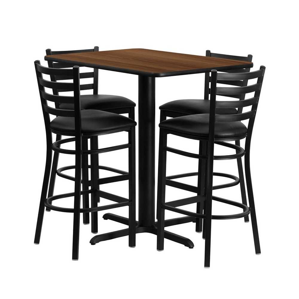 24''W x 42''L Rectangular Walnut Laminate Table Set with 4 Ladder Back Metal Barstools - Black Vinyl Seat