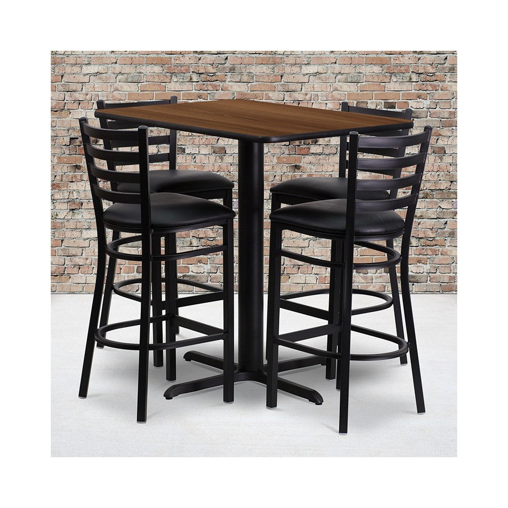 24''W x 42''L Rectangular Walnut Laminate Table Set with 4 Ladder Back Metal Barstools - Black Vinyl Seat