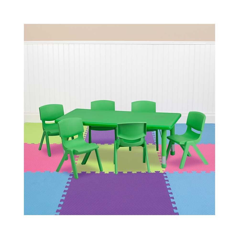 24''W x 48''L Rectangular Green Plastic Height Adjustable Activity Table Set with 6 Chairs