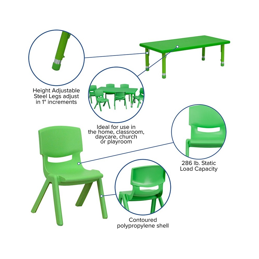 24''W x 48''L Rectangular Green Plastic Height Adjustable Activity Table Set with 6 Chairs