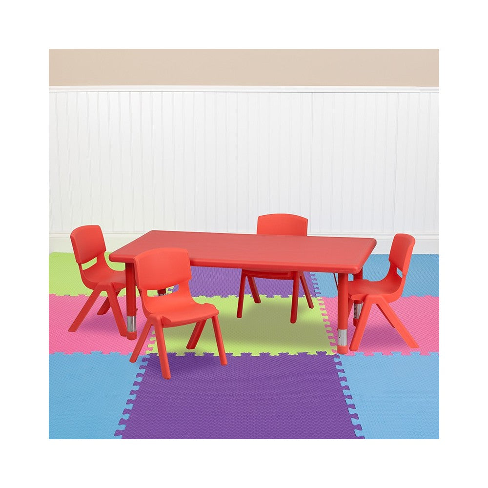 24''W x 48''L Rectangular Red Plastic Height Adjustable Activity Table Set with 4 Chairs