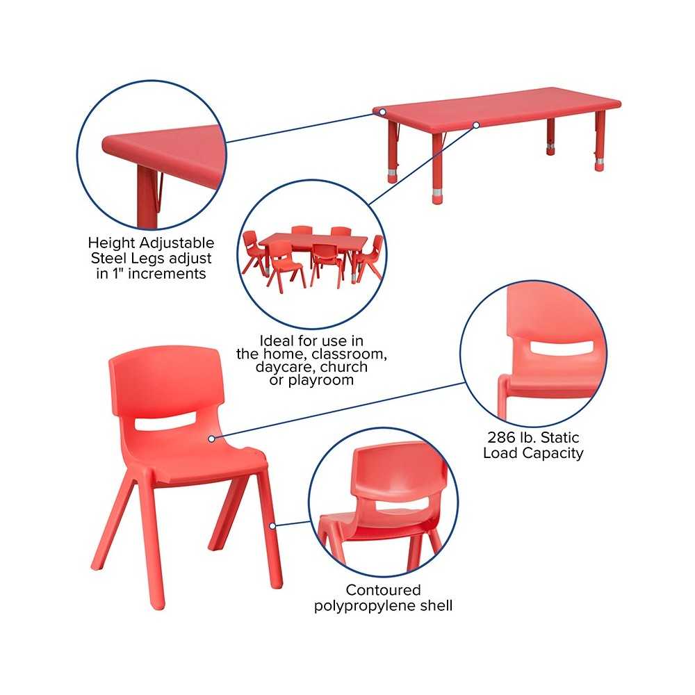 24''W x 48''L Rectangular Red Plastic Height Adjustable Activity Table Set with 4 Chairs