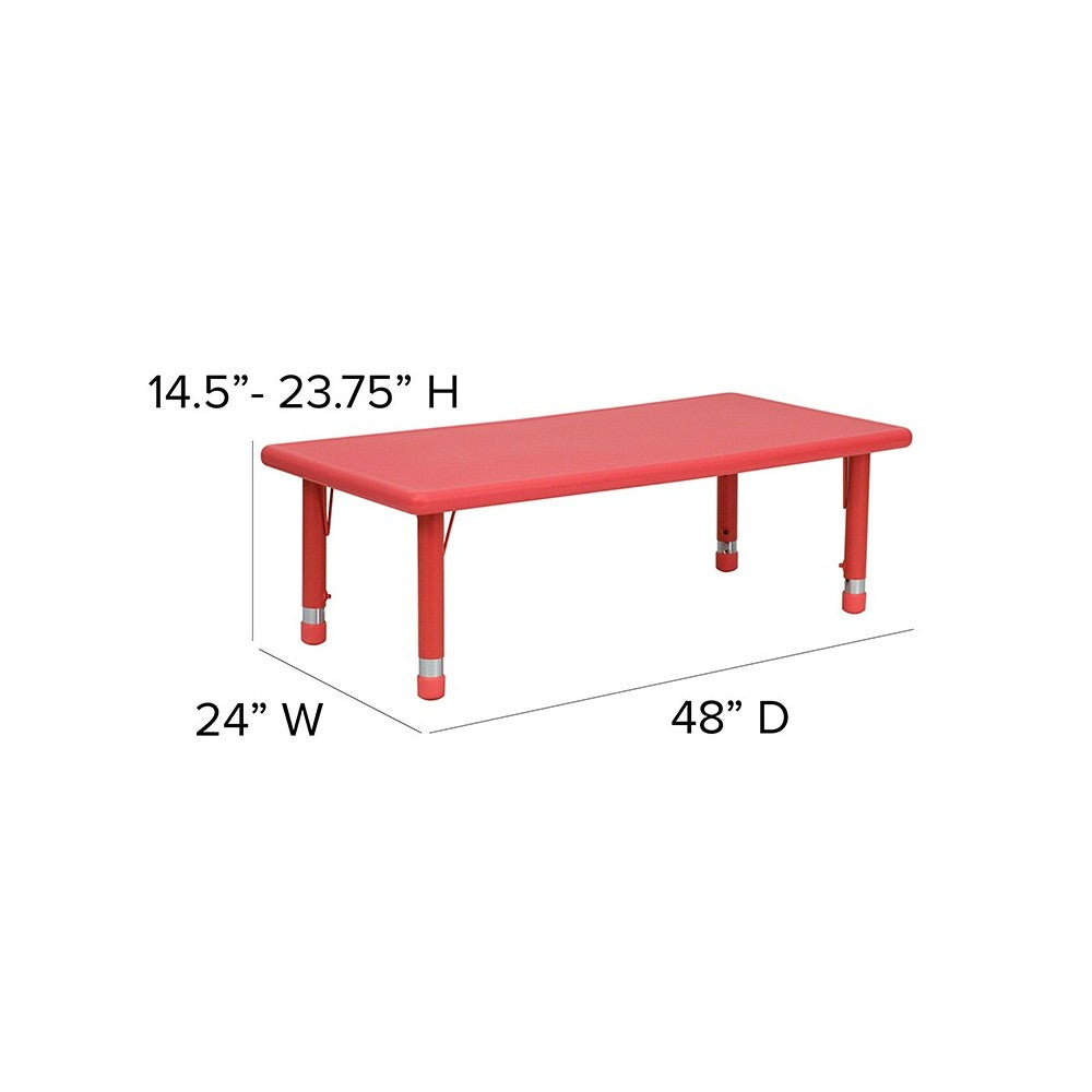 24''W x 48''L Rectangular Red Plastic Height Adjustable Activity Table Set with 4 Chairs