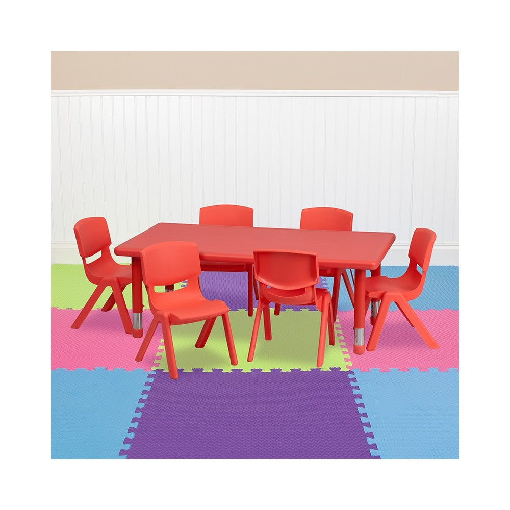 24''W x 48''L Rectangular Red Plastic Height Adjustable Activity Table Set with 6 Chairs