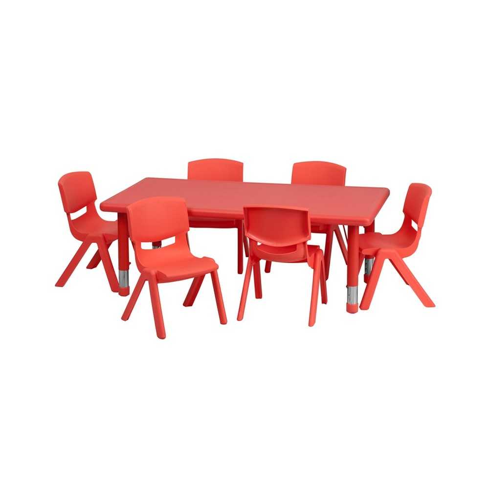 24''W x 48''L Rectangular Red Plastic Height Adjustable Activity Table Set with 6 Chairs