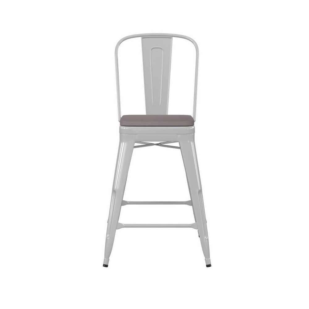 24" White Metal Indoor-Outdoor Counter Height Stool-Gray Seat