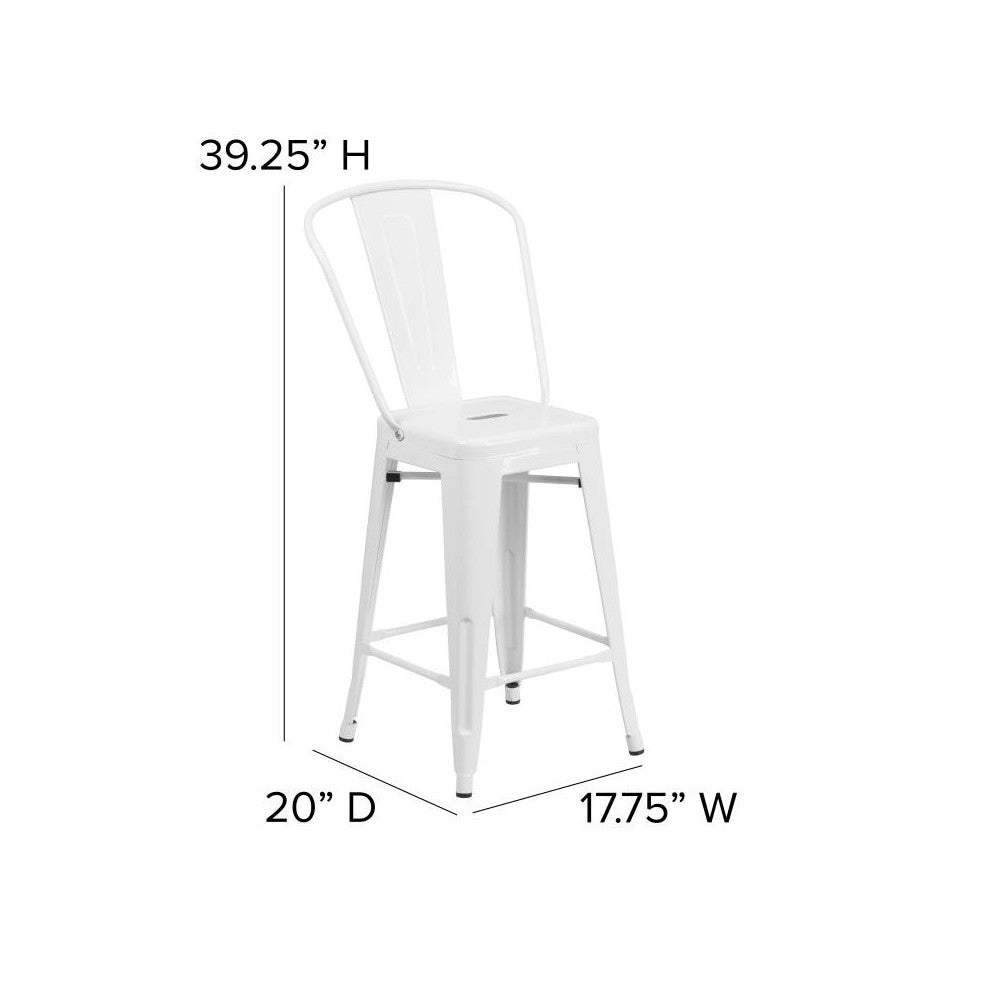 24" White Metal Indoor-Outdoor Counter Height Stool-Gray Seat