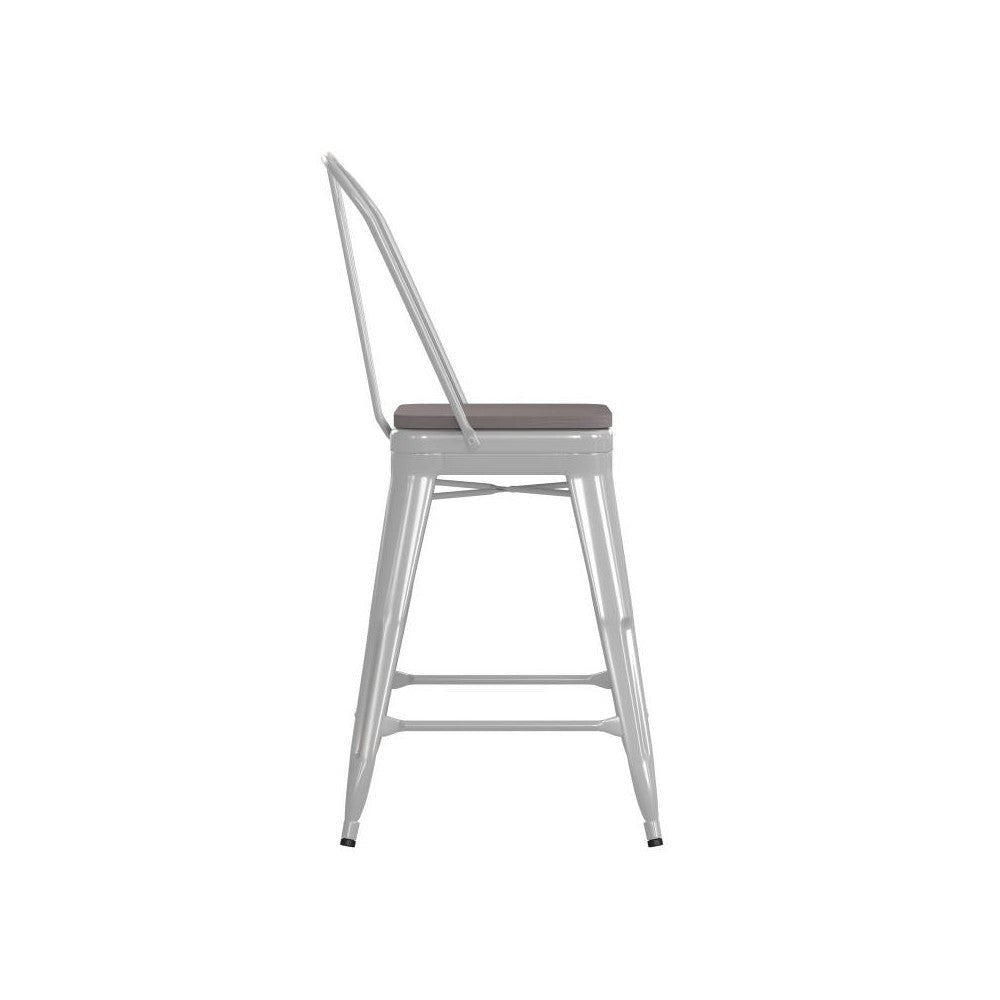 24" White Metal Indoor-Outdoor Counter Height Stool-Gray Seat