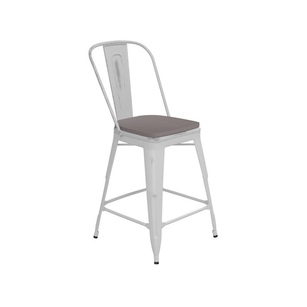 24" White Metal Stool-Gray Seat