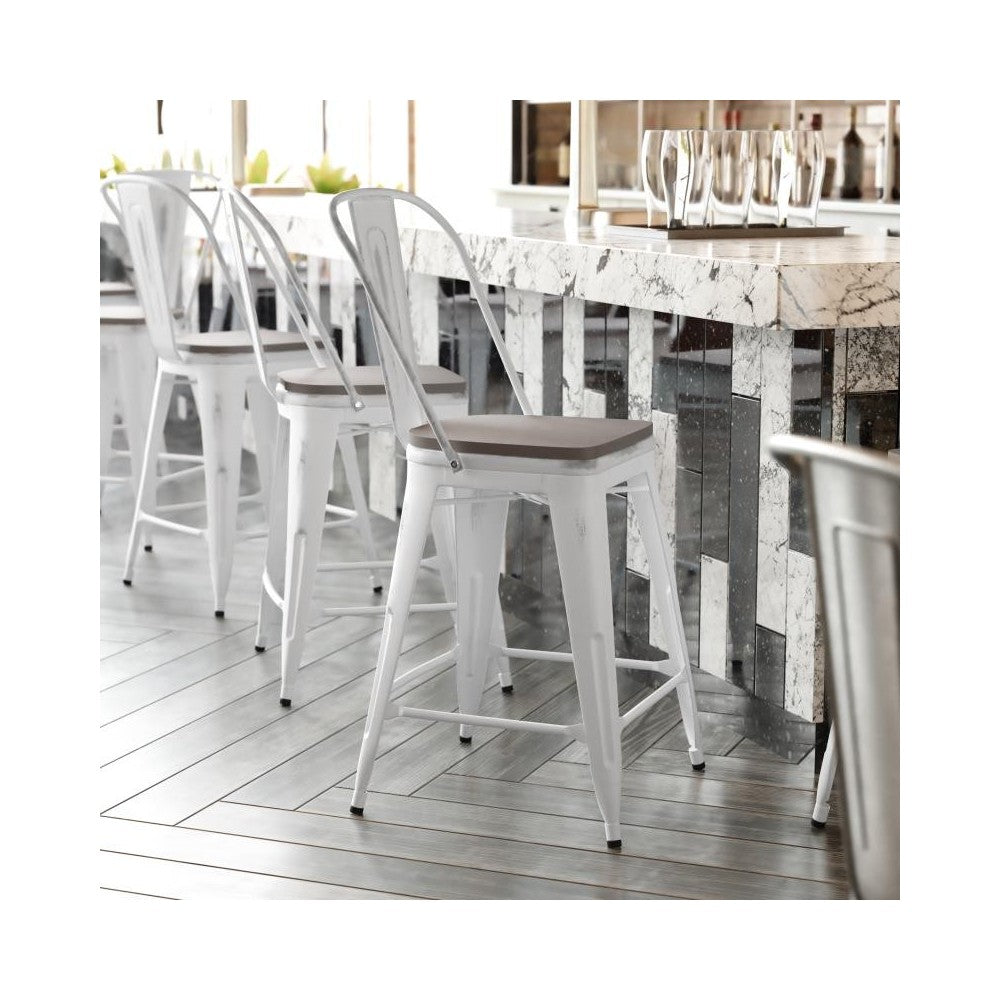 24" White Metal Stool-Gray Seat