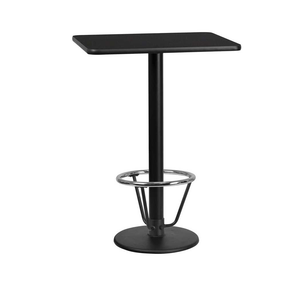 24'' x 30'' Rectangular Black Laminate Table Top with 18'' Round Bar Height Table Base and Foot Ring