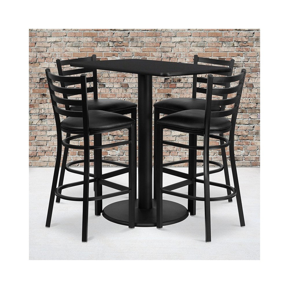 24'' x 42'' Rectangular Black Laminate Table Set with 4 Ladder Back Metal Barstools - Black Vinyl Seat