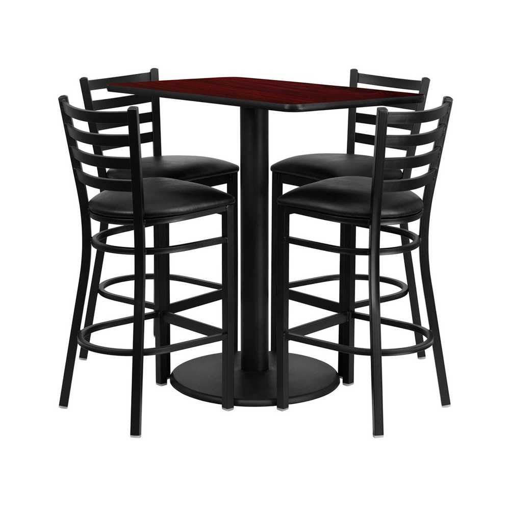 24'' x 42'' Rectangular Mahogany Laminate Table Set with 4 Ladder Back Metal Barstools - Black Vinyl Seat