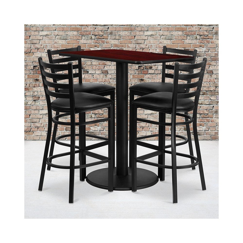 24'' x 42'' Rectangular Mahogany Laminate Table Set with 4 Ladder Back Metal Barstools - Black Vinyl Seat