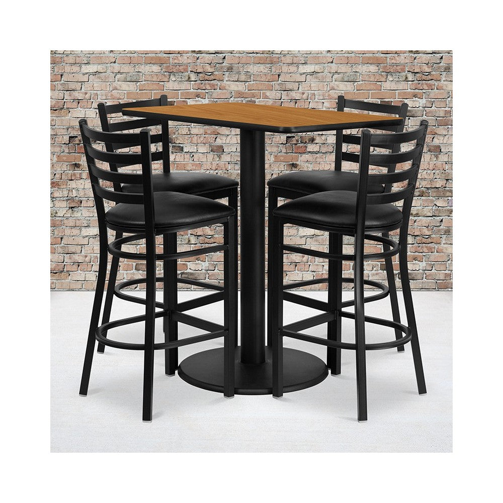 24'' x 42'' Rectangular Natural Laminate Table Set with 4 Ladder Back Metal Barstools - Black Vinyl Seat