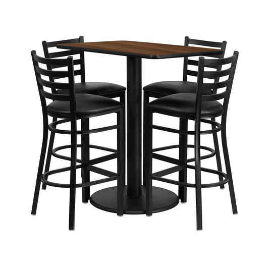 24'' x 42'' Rectangular Walnut Laminate Table Set with 4 Ladder Back Metal Barstools - Black Vinyl Seat