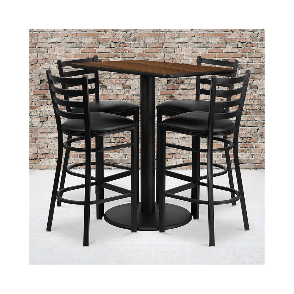 24'' x 42'' Rectangular Walnut Laminate Table Set with 4 Ladder Back Metal Barstools - Black Vinyl Seat