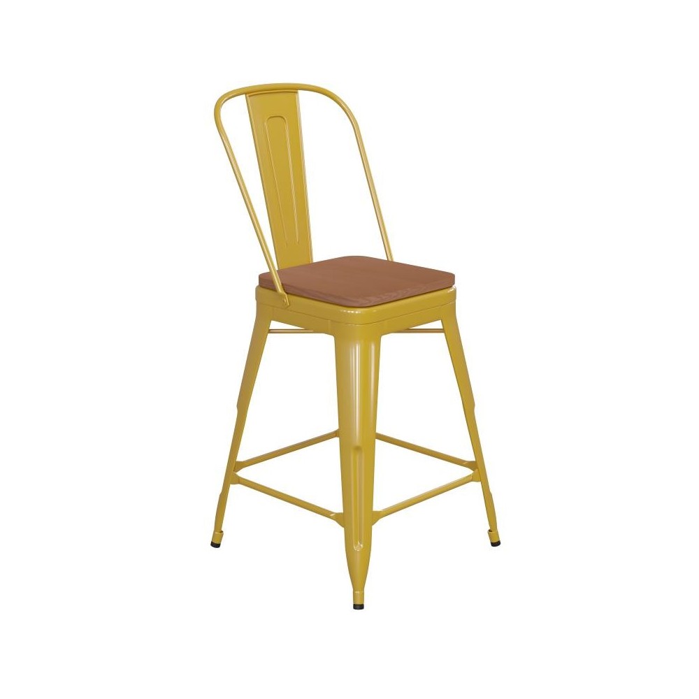 24" Yellow Metal Indoor-Outdoor Counter Height Stool-Teak Seat