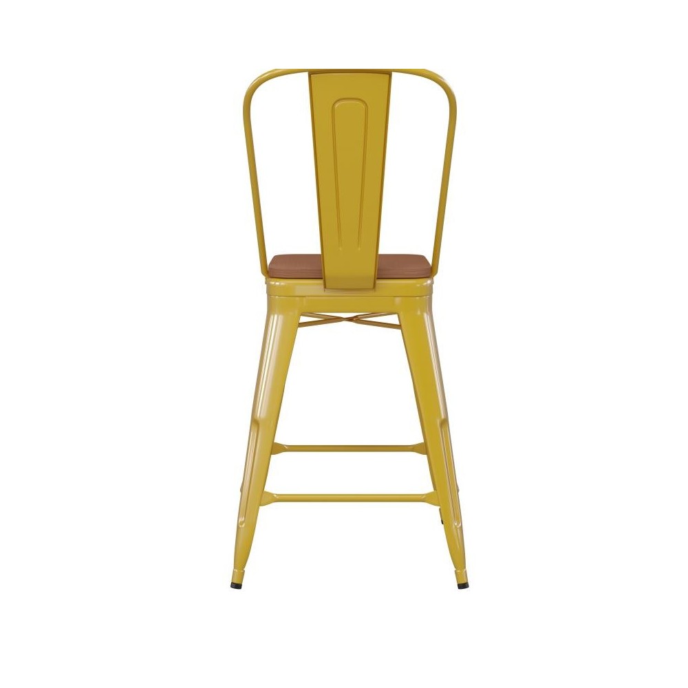 24" Yellow Metal Indoor-Outdoor Counter Height Stool-Teak Seat