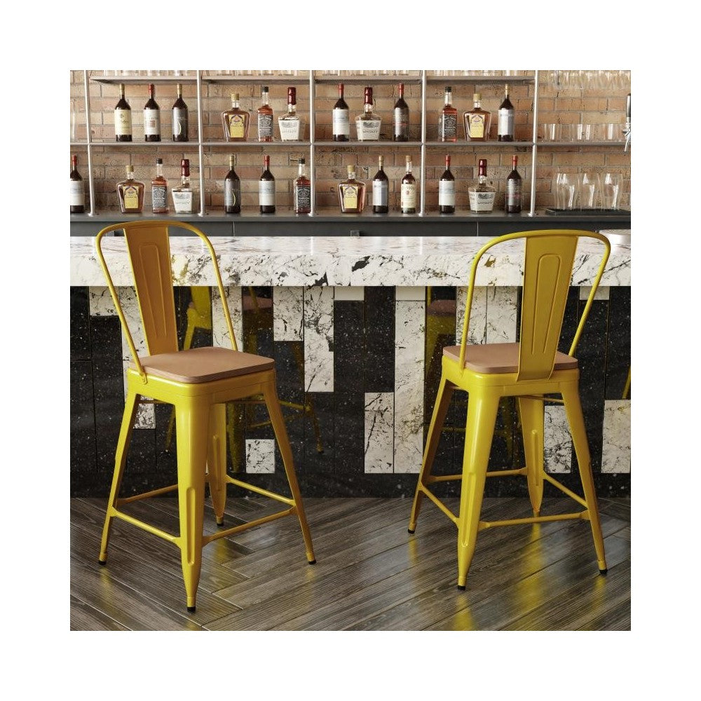 24" Yellow Metal Indoor-Outdoor Counter Height Stool-Teak Seat