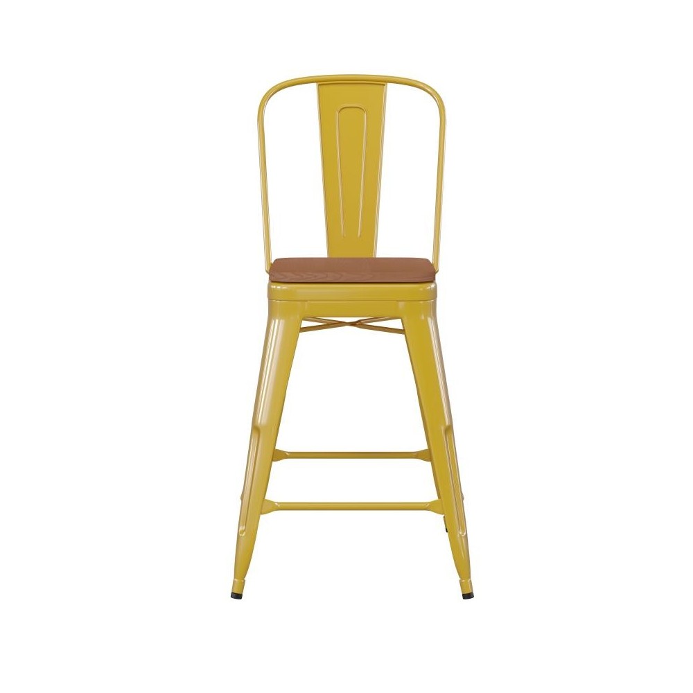 24" Yellow Metal Indoor-Outdoor Counter Height Stool-Teak Seat