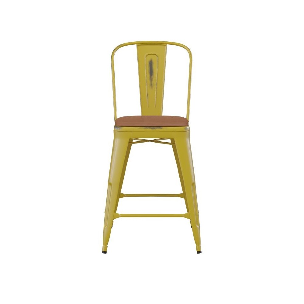 24" Yellow Metal Stool-Teak Seat