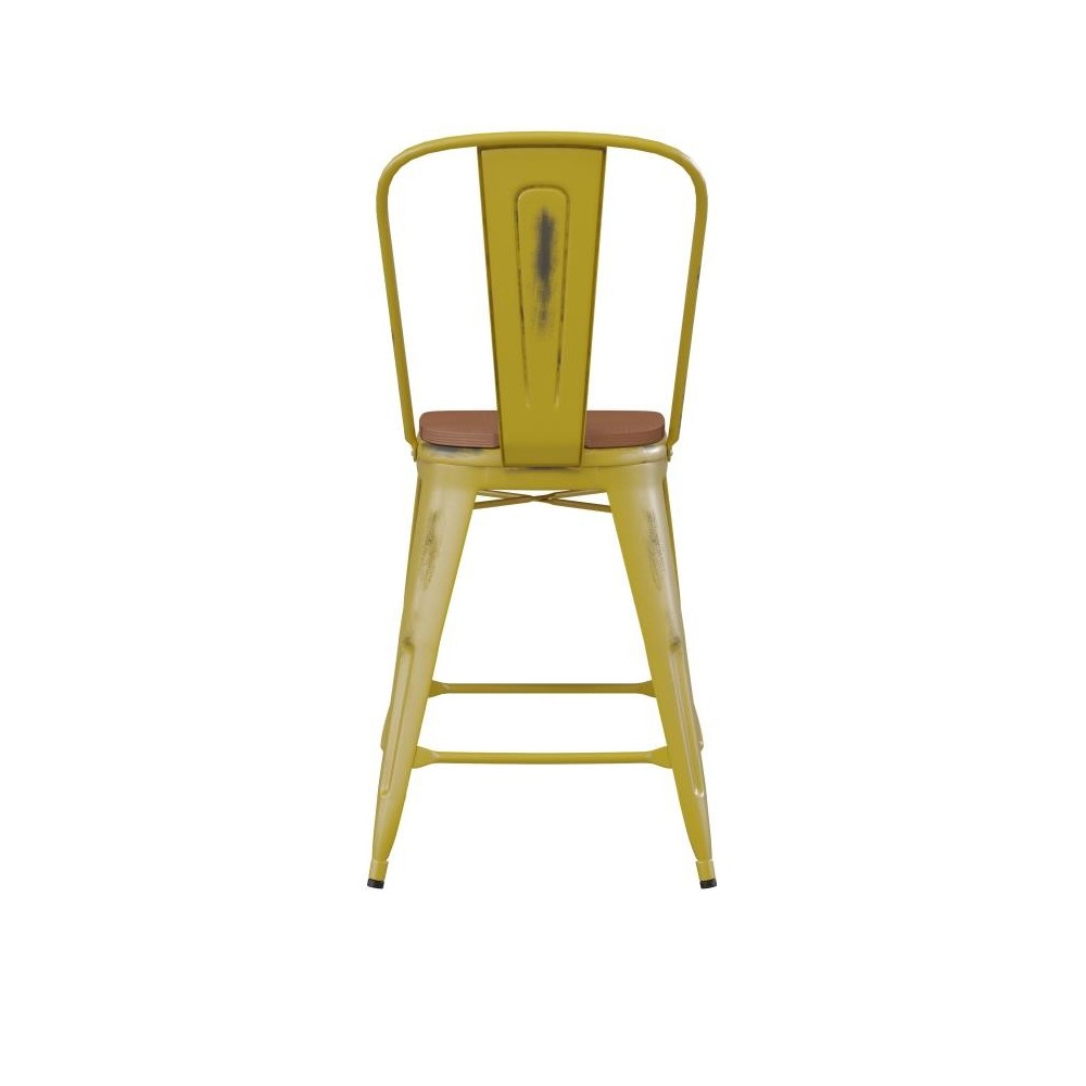 24" Yellow Metal Stool-Teak Seat