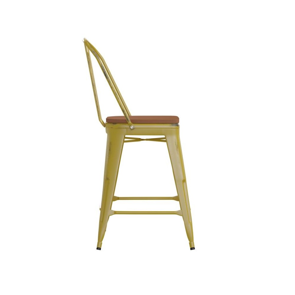 24" Yellow Metal Stool-Teak Seat