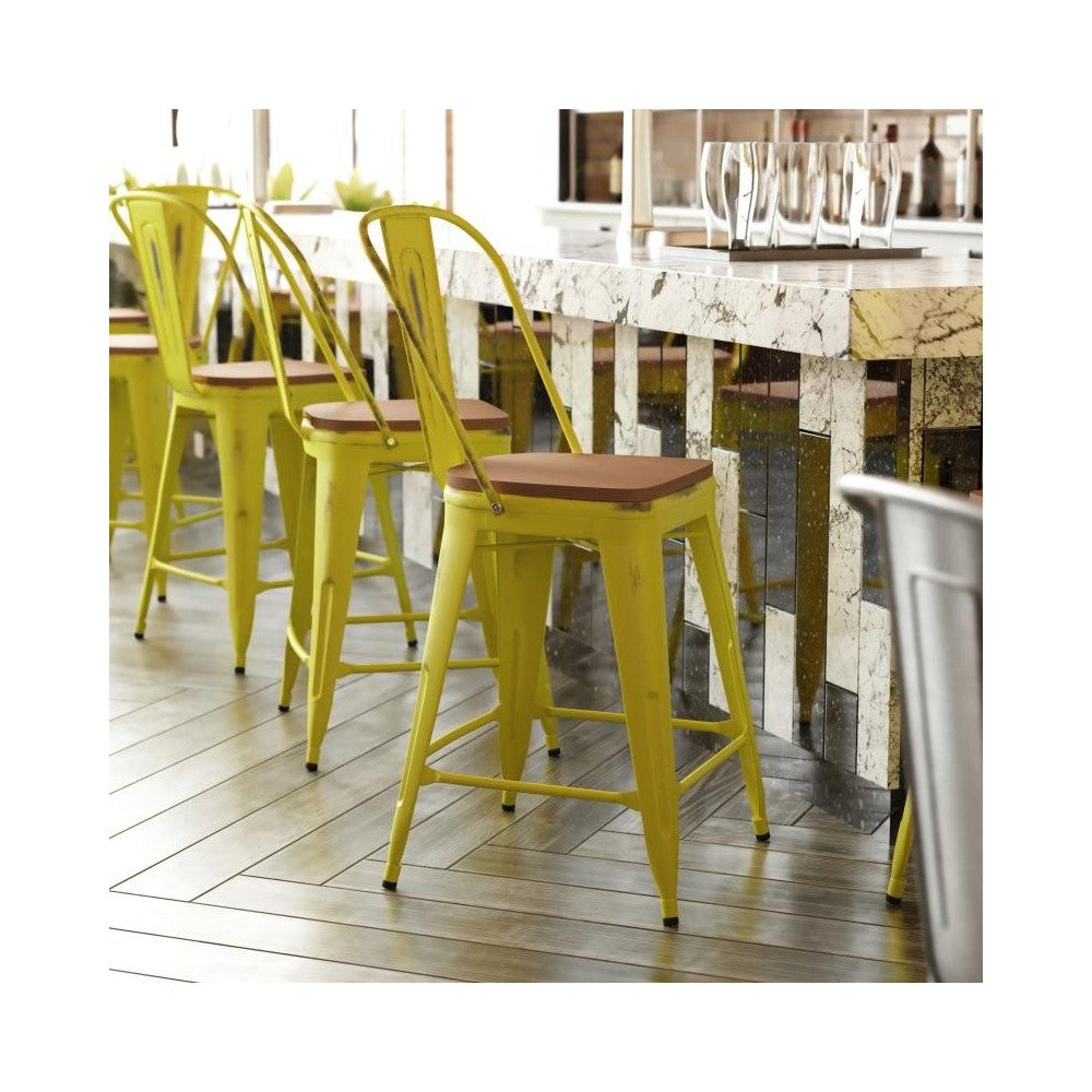 24" Yellow Metal Stool-Teak Seat