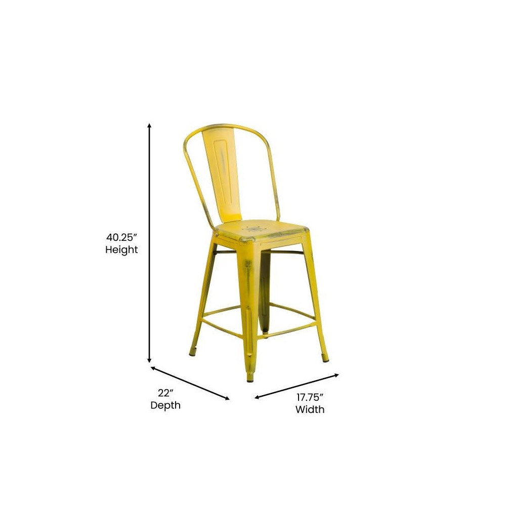 24" Yellow Metal Stool-Teak Seat