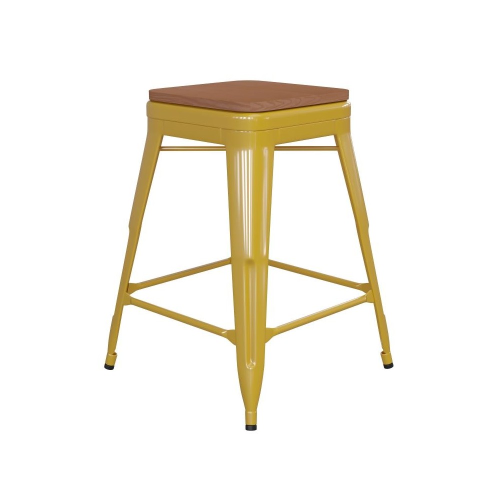 24" Yellow Stool-Teak Seat