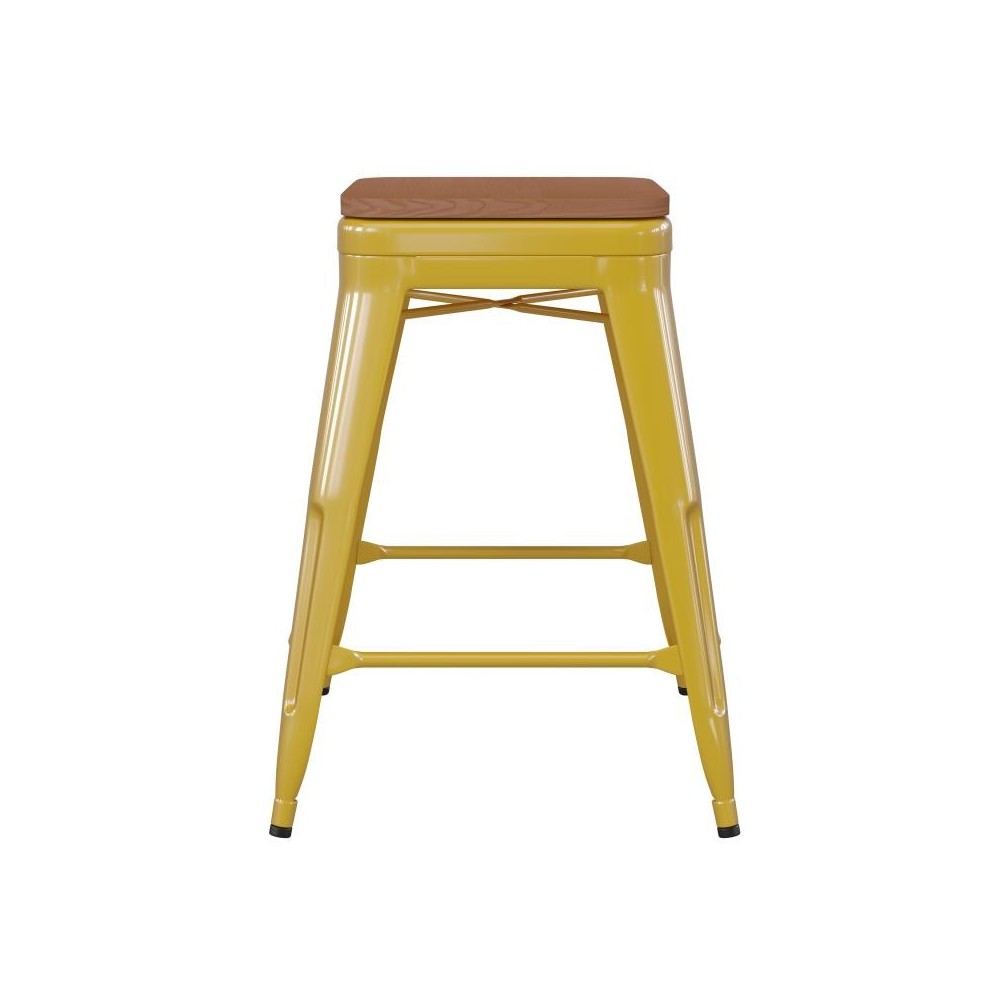 24" Yellow Stool-Teak Seat