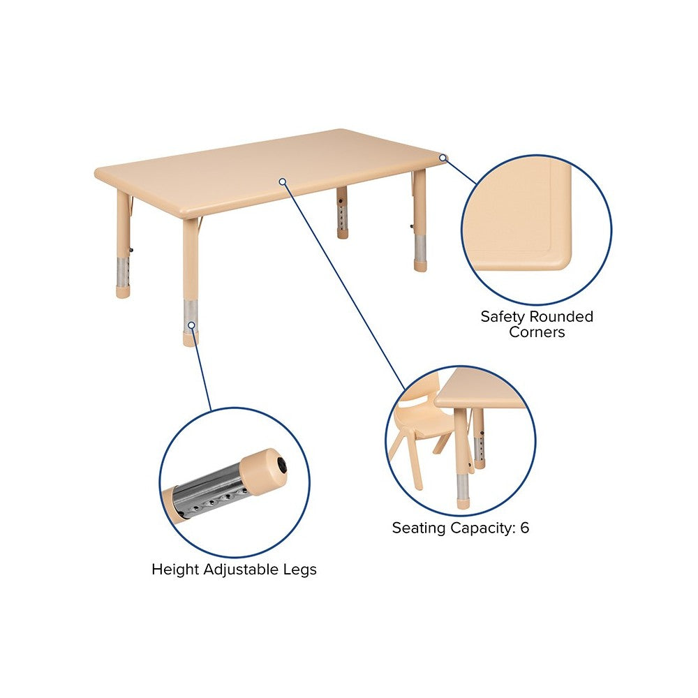 24"W x 48"L Rectangular Natural Plastic Height Adjustable Activity Table Set with 4 Chairs