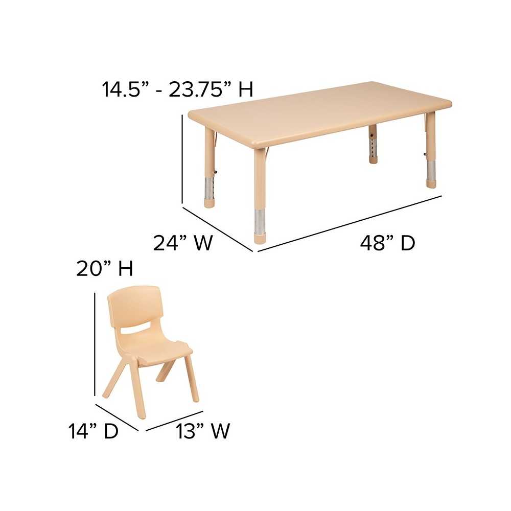 24"W x 48"L Rectangular Natural Plastic Height Adjustable Activity Table Set with 4 Chairs