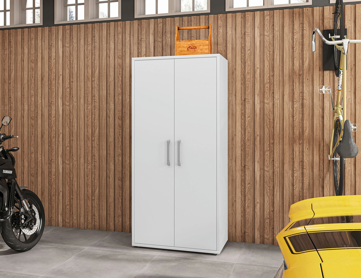Eiffel 73.43" Garage Cabinet with 4 Adjustable Shelves in White Gloss