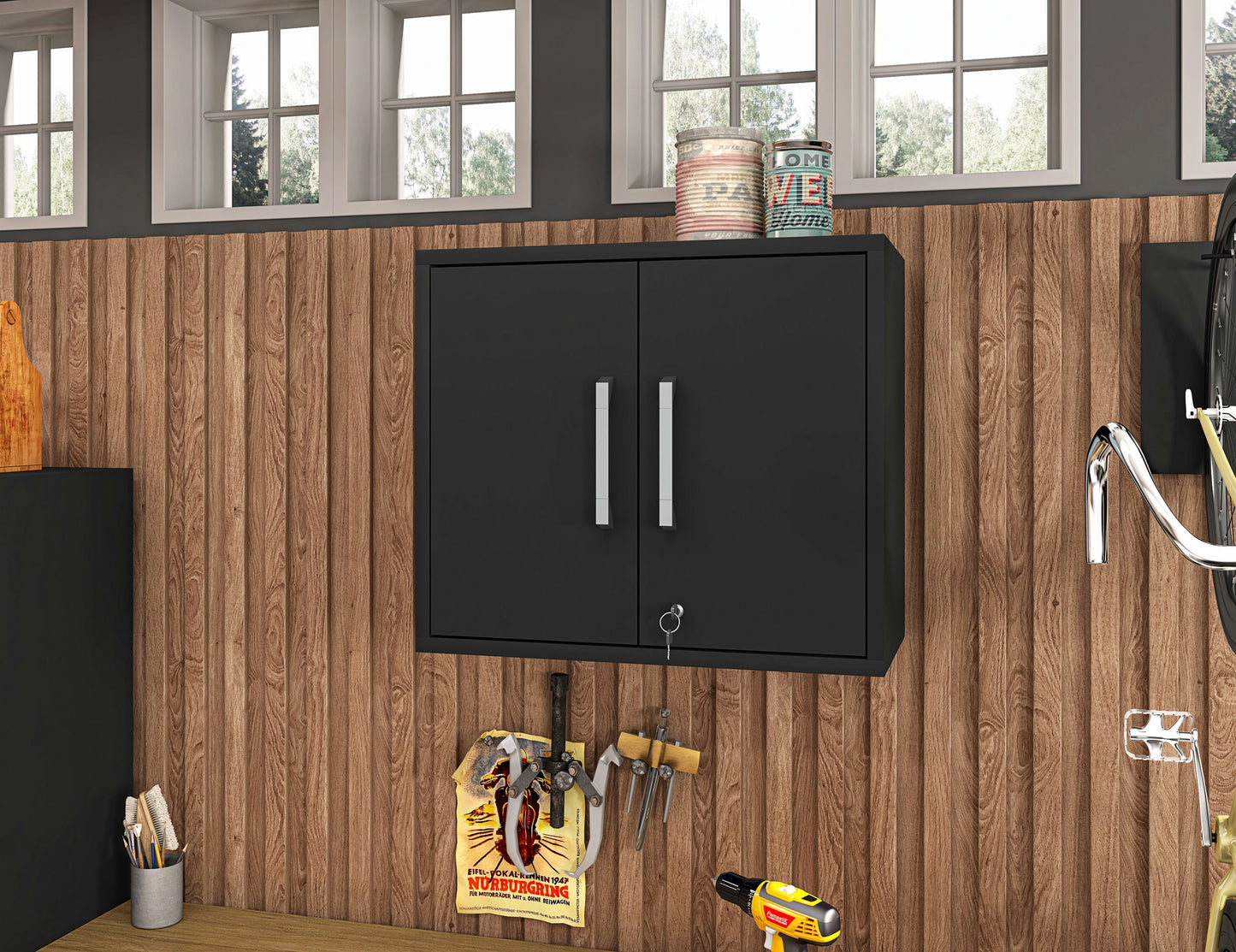 Eiffel Floating Garage Storage Cabinet with Lock and Key in Black Matte