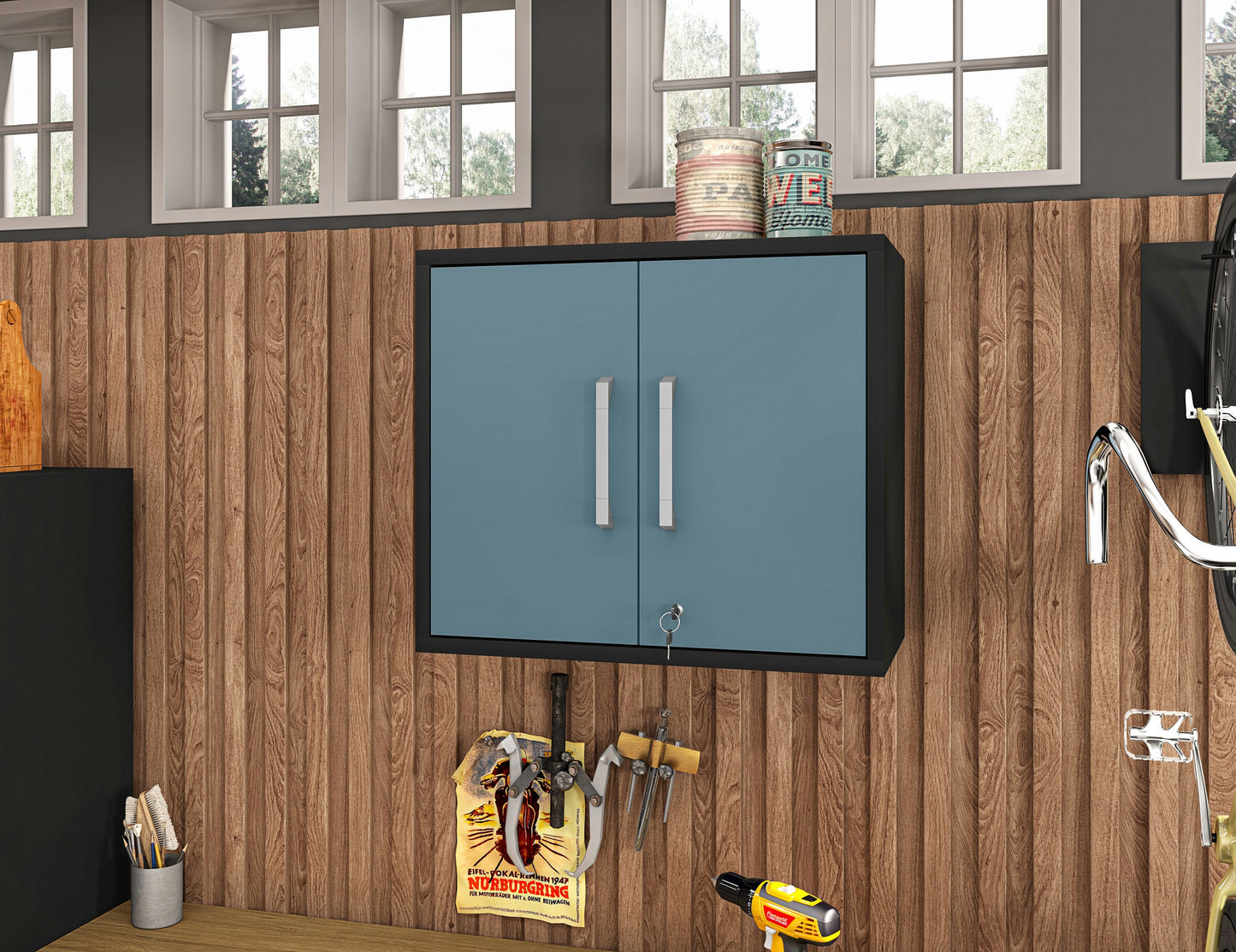 Eiffel Floating Garage Storage Cabinet with Lock and Key in Blue Gloss