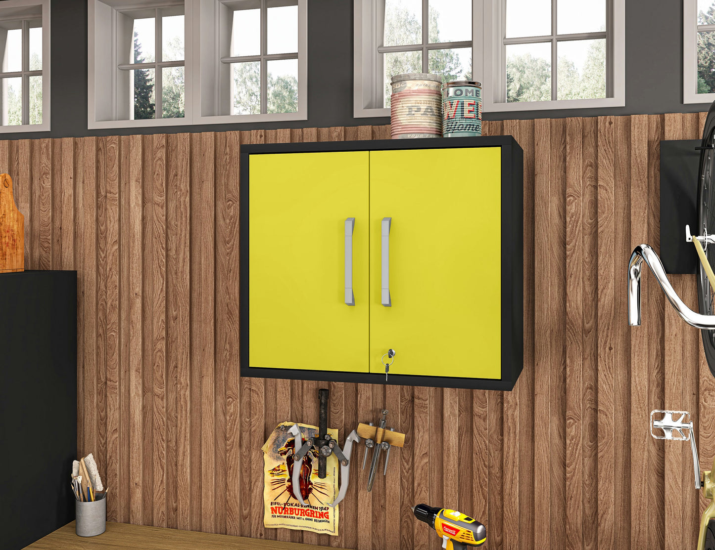 Eiffel Floating Garage Storage Cabinet with Lock and Key in Yellow Gloss