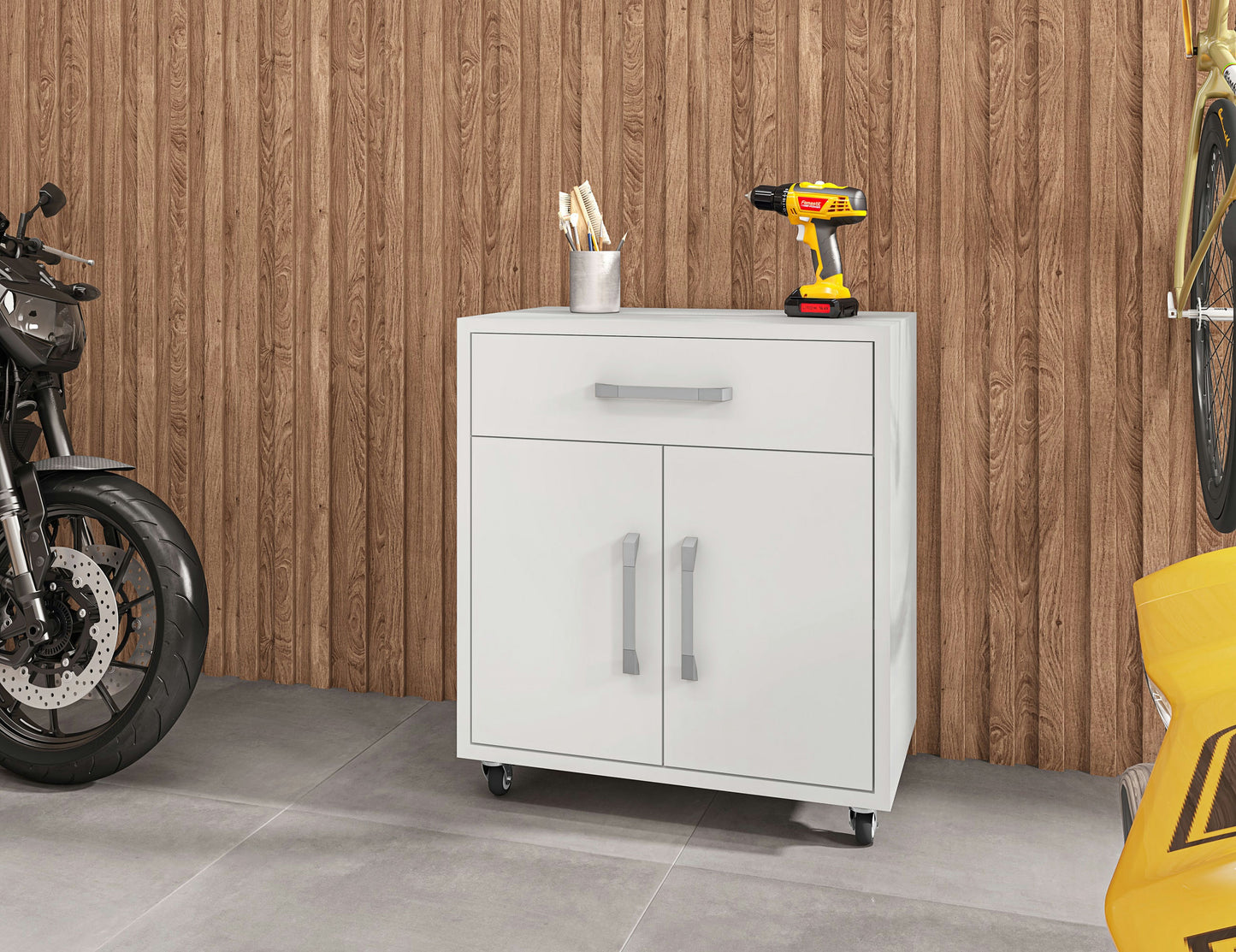 Eiffel 28.35" Mobile Garage Storage Cabinet with 1 Drawer in White Gloss