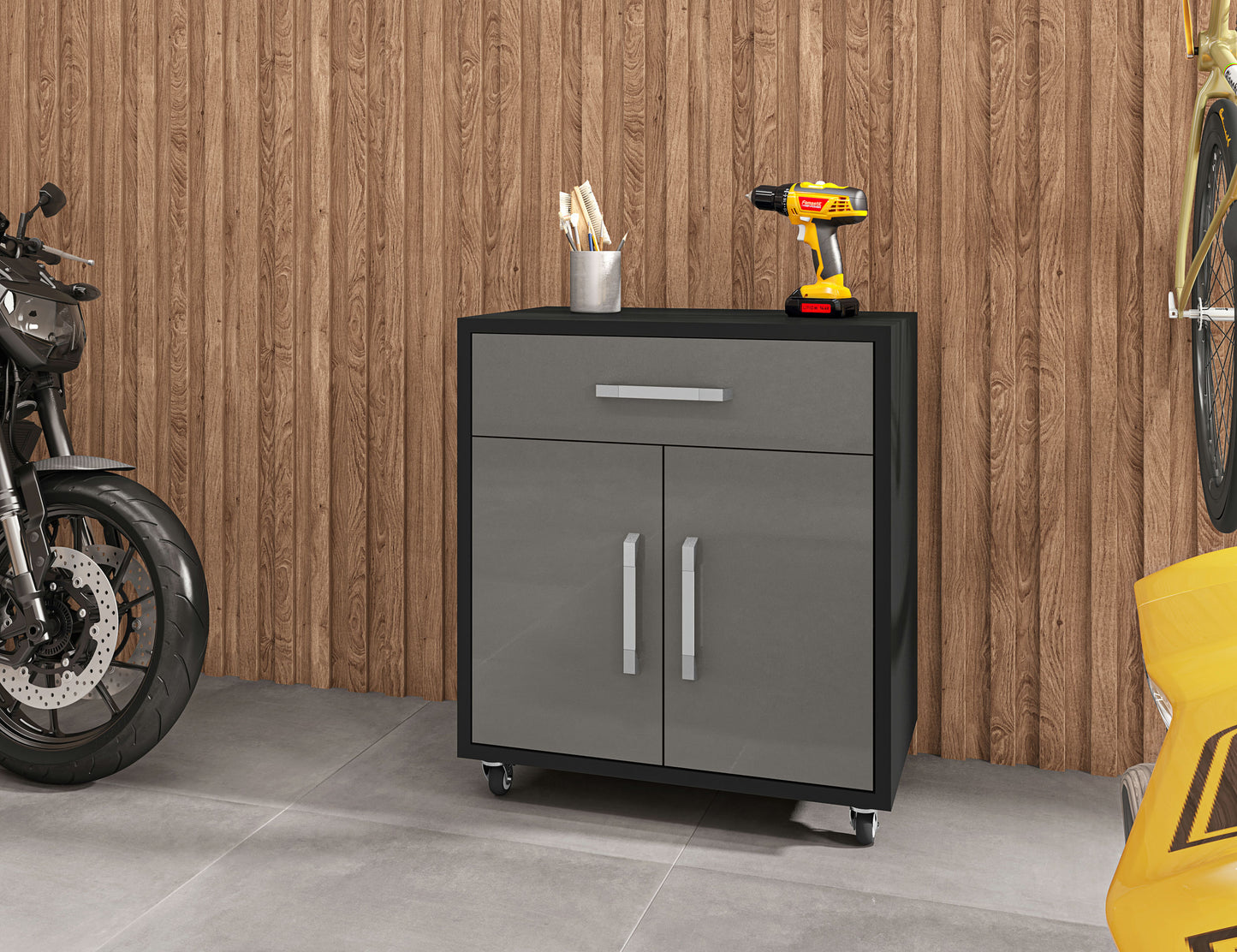 Eiffel 28.35" Mobile Garage Storage Cabinet with 1 Drawer in Grey Gloss