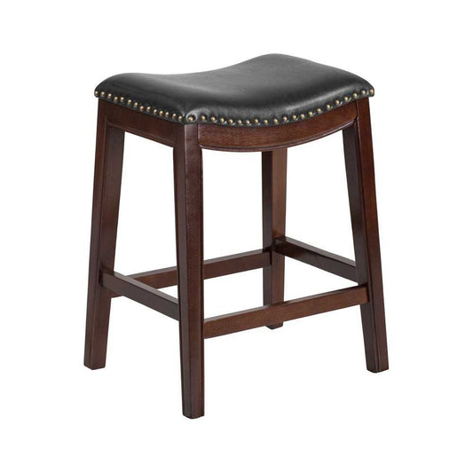 26'' High Backless Cappuccino Wood Counter Height Stool with Black LeatherSoft Saddle Seat