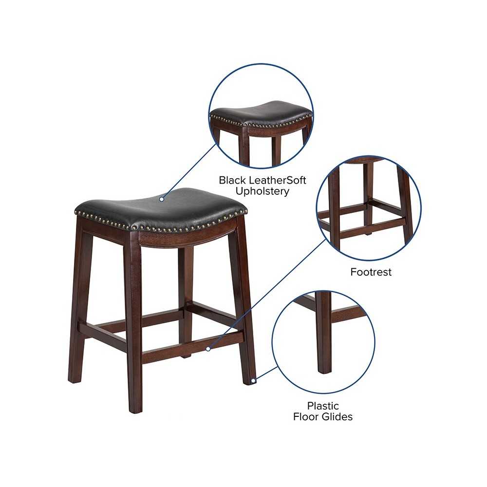 26'' High Backless Cappuccino Wood Counter Height Stool with Black LeatherSoft Saddle Seat