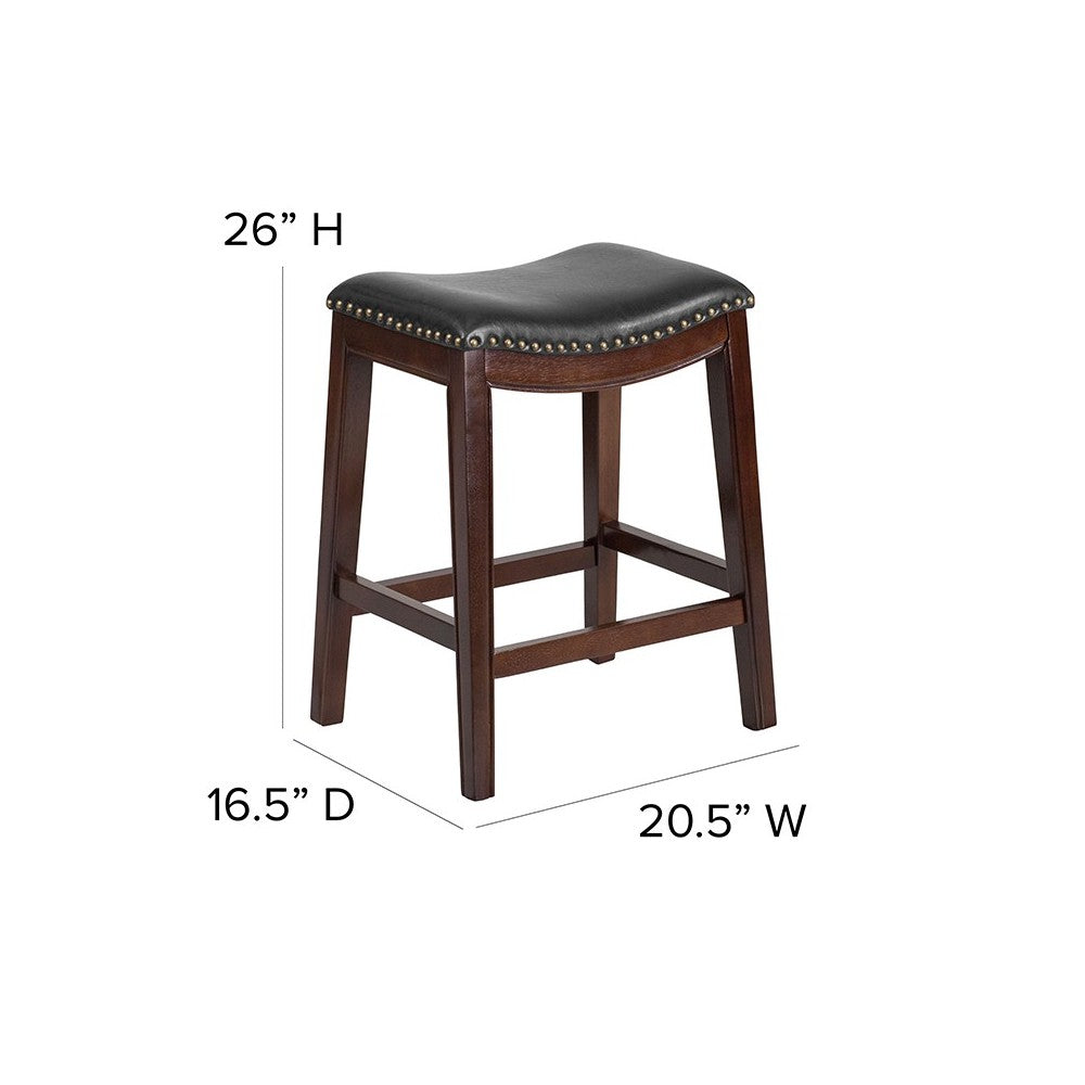 26'' High Backless Cappuccino Wood Counter Height Stool with Black LeatherSoft Saddle Seat