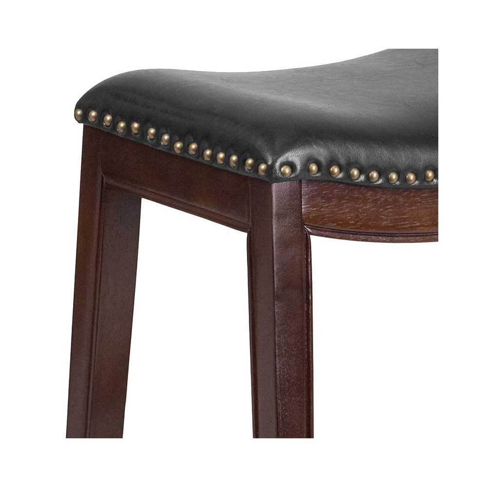 26'' High Backless Cappuccino Wood Counter Height Stool with Black LeatherSoft Saddle Seat